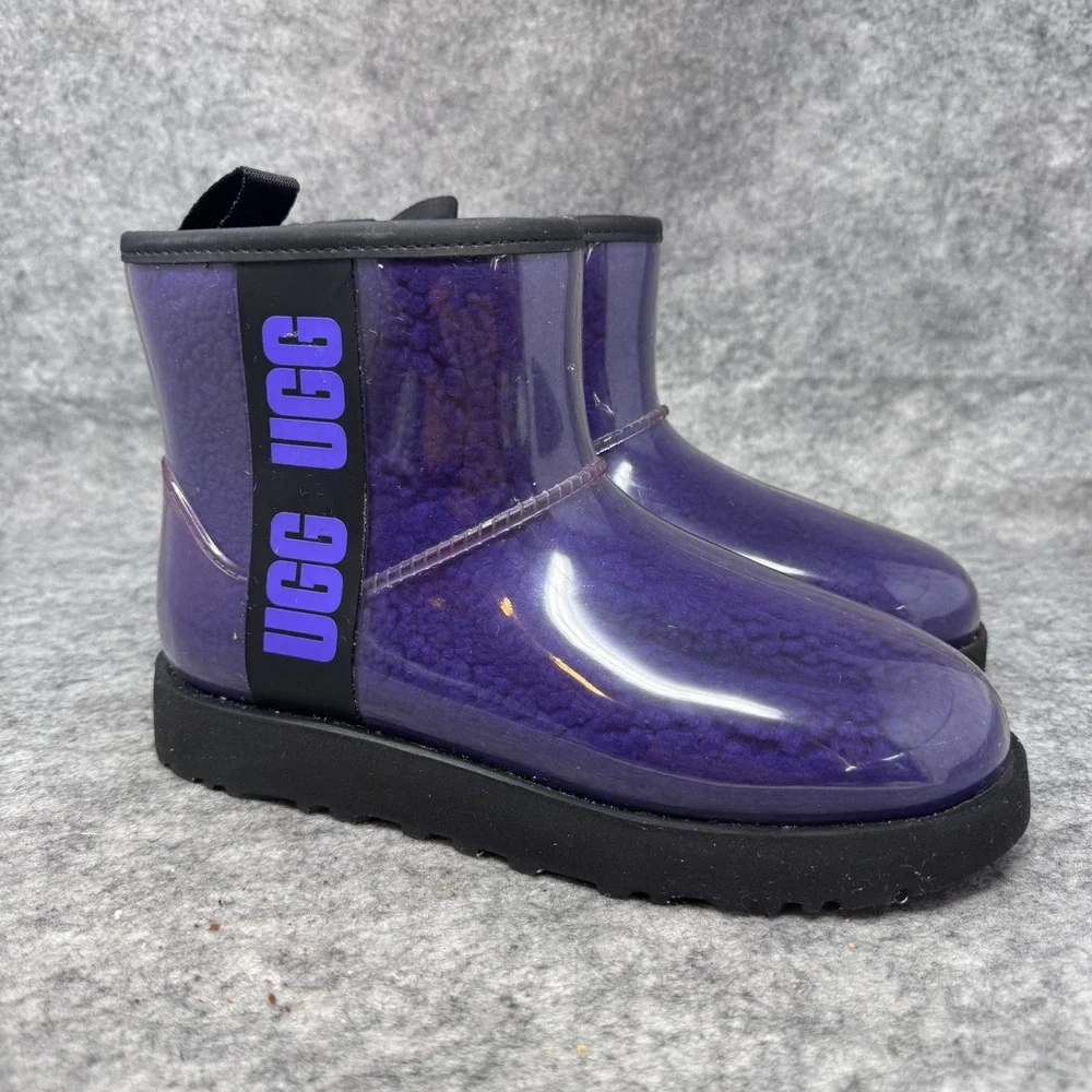 UGG Classic Clear Mini Boots Womens Sz 6 Waterproof Shearling Purple Glossy